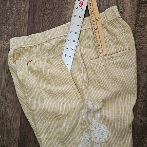 Anthropologie 100% Linen Cropped Pull On Embroidered Cropped Pants S Yellow - Picture 7 of 11